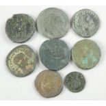 A collection of eight Roman and Roman style coins, stamped with Lucinius Constantinius II etc.