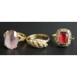 Three 9ct gold dress rings, to include a 9ct gold amethyst dress ring, a Victorian dress ring and