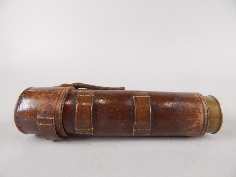 A brass and mahogany three draw telescope by Bate of London, in leather travelling case - Image 2 of 2