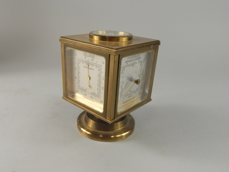 An Angelus brass barometer and mantel timepiece, with four silvered dials, on a swivel base - Image 2 of 4