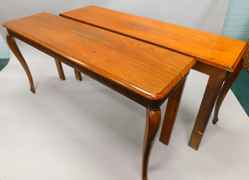 A pair of 19thC mahogany side or serving tables, each rectangular top with a moulded edge, above a