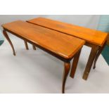 A pair of 19thC mahogany side or serving tables, each rectangular top with a moulded edge, above a