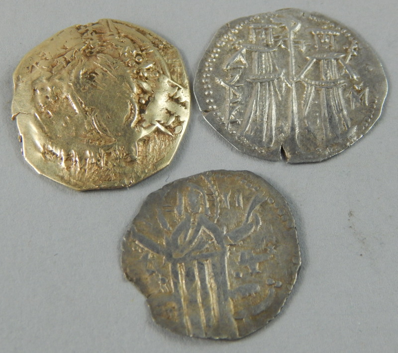 Three white metal Byzantine coins, for Michael IV, Ivan Alexander etc.