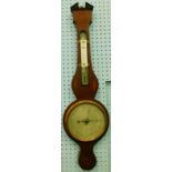 A late 19thC Sheraton style mahogany banjo barometer and thermometer, with broken pediment top and