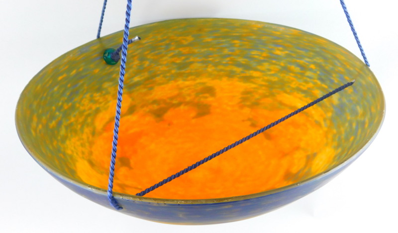 An early 20thC Art Nouveau plafonnier, signed Noverdy from Nancy, France in amber and blue pate de