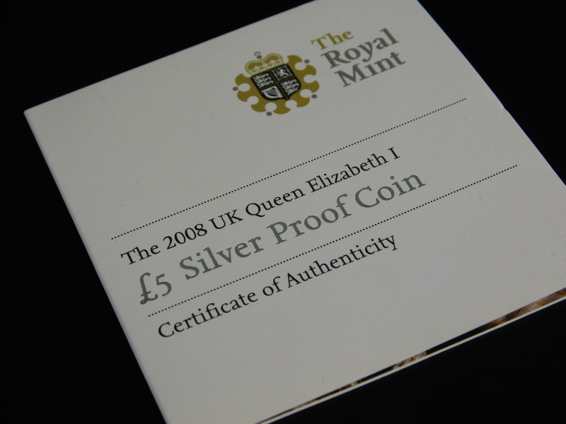 An Elizabeth I commemorative £5 silver proof coin, dated 2008 with certificate of authenticity - Image 3 of 3