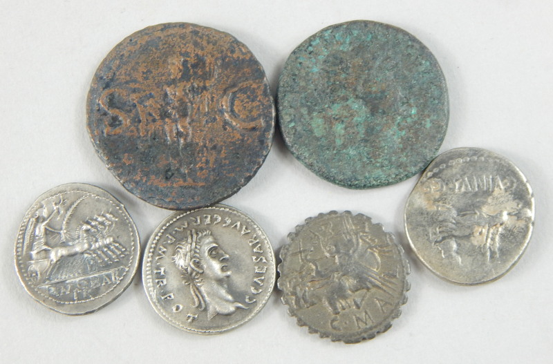 Six Roman and Roman style coins, to include Roman circa 43-54BC, cast with Agrippa and Neptune etc.