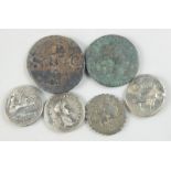 Six Roman and Roman style coins, to include Roman circa 43-54BC, cast with Agrippa and Neptune etc.