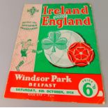 A football programme, for International match Ireland -v- England 6/10/1956 at Windsor Park Belfast