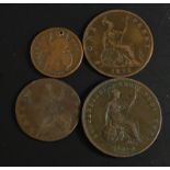 Four Victorian and other coins, to include Queen Victoria 1894 one penny, a George III 1773 coin,