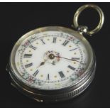 An early 20thC Swiss white metal fob watch, the enamel dial engraved with flowers etc., with gold