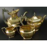 A silver plated four piece tea set, of canted rectangular form, the teapot and coffee pot with