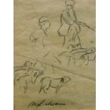 After Max Lieberman. Huntsman and dogs, drawing, bears signature, 20cm x 15cm