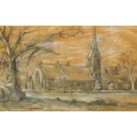 Anthony James (20thC). Landscape with church, pastel and chalks, signed, artist label verso, 51cm