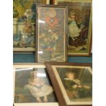 Various Victorian coloured prints, to include Pears print Bubbles, girl seated, a girl playing the