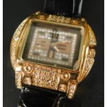 An Eliz ladies fashion wristwatch, rose gold plated, inset with white stones to dial and outer case,