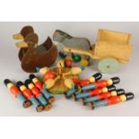 A collection of children's toys, to include a Tri-ang push along horse and cart, soldier shaped
