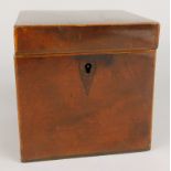 A 19thC plain mahogany tea caddy, the hinged lid with chequer banded border and inlaid to the