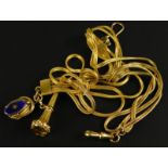 A watch chain, of eight row rope design, with two fobs, a memorial fob, with blue enamel and a