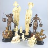 Miscellaneous figures, to include a pair of spelter water carriers, gilt Marley horses, simulated