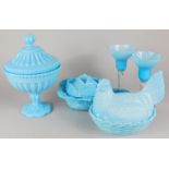 A collection of turquoise moulded glass, to include a bonbonniere cabbage tureen and a hen shaped