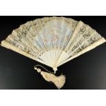 A 19thC Continental ivory and lace fan, painted centrally with an angel, putti etc., the sticks