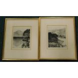 After Donald Crawford. Scottish river landscapes, a pair, signed monochrome etchings, 17cm x 14cm