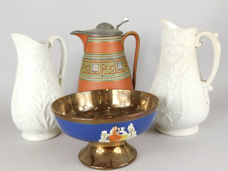 A collection of ceramics, to include a lustre bowl, a terracotta jug with pewter lid etc