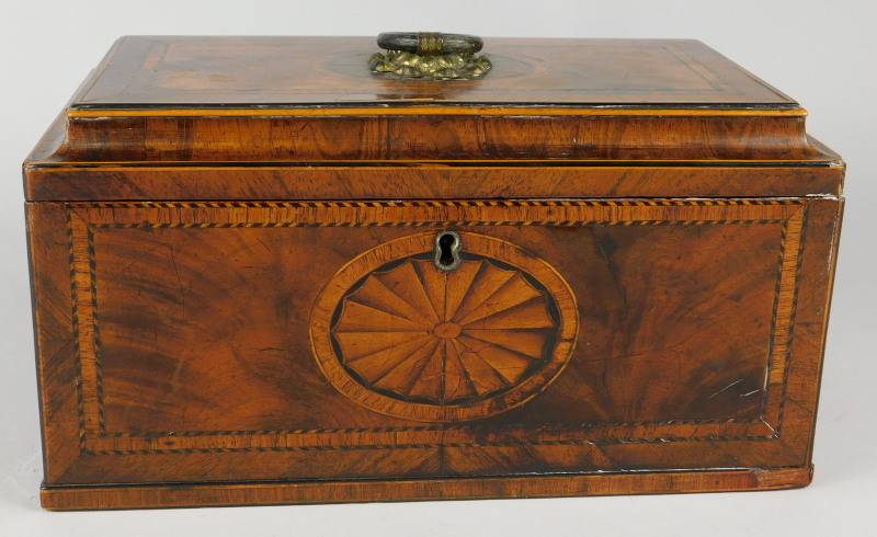 A 19thC mahogany and marquetry rectangular tea caddy, the tapering hinged lid with a tulip wood