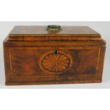 A 19thC mahogany and marquetry rectangular tea caddy, the tapering hinged lid with a tulip wood