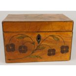 A 19thC mahogany and marquetry tea caddy, the hinged lid and sides inlaid with flowers, etc.,