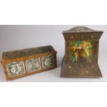 An early 20thC biscuit tin, modelled with medieval style figures and other stamped CBC