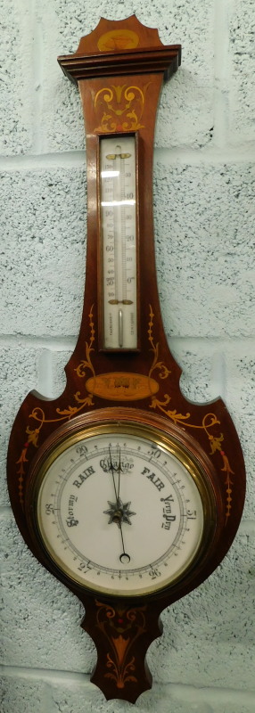 An Edwardian mahogany and marquetry wheel barometer, with opaque glass thermometer and dial, 87cm