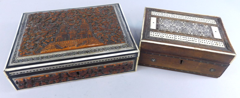 Two 19thC Indian boxes, one example with a carved lid, the other a cribbage box, 21cm and 16cm