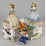 Various porcelain figures, to include two Coalport bisque ladies, Rupert Bear, Continental book ends