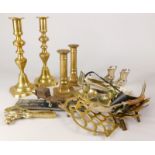 A collection of brass and other metalware, to include a pair of candle snuffers, miniature fender,