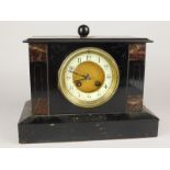 A late 19thC French black slate and marble mantel clock, with enamel dial, etc, 28cm wide.