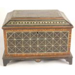 A 19thC Indian ebony and ivory box, the hinged lid with a vacant interior, decorated overall with