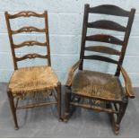 A 19thC Lancashire type ash ladderback rocking chair, with rush seat, and another (AF)