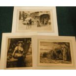 Three artist signed monochrome etchings, to include Robert W McBeth, postman delivering within a