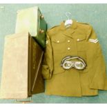 An RAF uniform, and a pair of RAF aviator's goggles, stamped CVA, ammunition case etc.