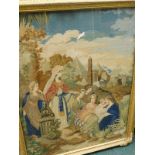 A Victorian woolwork picture, depicting Moses in the bulrushes with various figures, pyramids