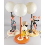 Three novelty children's table lamps, two with the Pink Panther beside a lamp post and an original