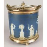A late 19thC/early 20thC Wedgwood dark blue Jasper ware biscuit barrel, with silver plated handles