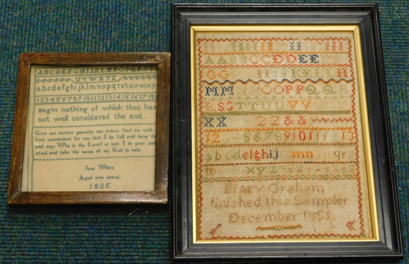 An early 19thC sampler, stitched by Jane White, aged 9 years, 1825 and another by Mary Graham,