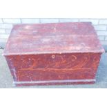 A scumbled painted pine Victorian tool chest, with heavy metal side handles, on block base