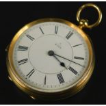 An 18ct gold pocket watch, with white enamel dial, Roman numerals, blue hands, key wind, marked to