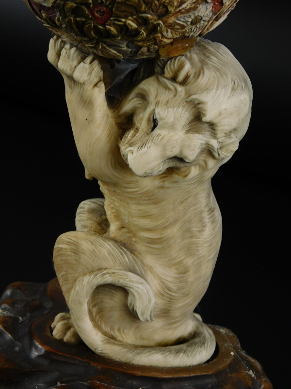 A late 19thC Meiji period Japanese ivory and shiboyama Okimono, carved in the form of a lion holding - Bild 4 aus 5