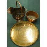 Miscellaneous copper and brass, to include an Indian style large tray, copper coal scuttle etc.