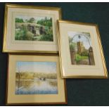 Peter Foden. St Lawrence Church Eyam and Clapper Bridge Devon, two watercolours and another similar,